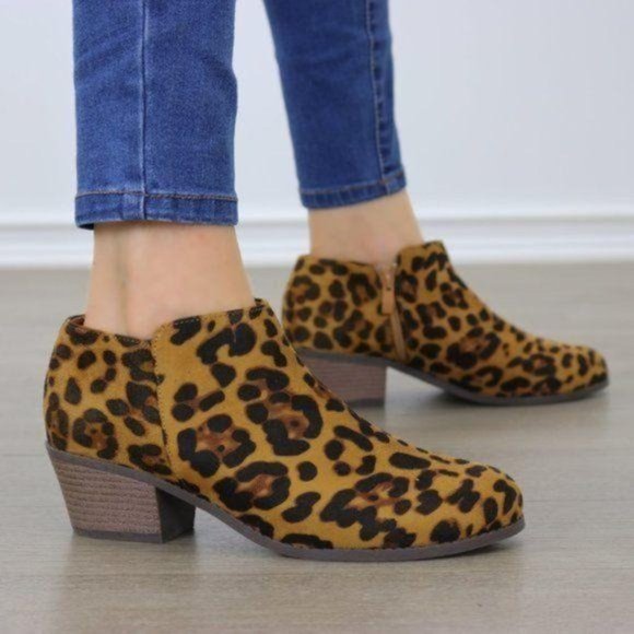 Shoes - Faux Suede Leopard Print Ankle Booties